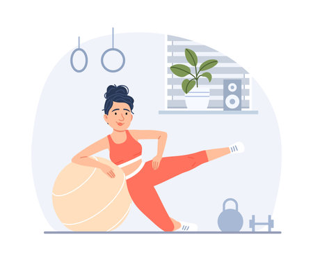 Flat young woman doing fitness with fit ball in gym. Healthy lifestyle sport training concept. Cartoon active slim girl with athletic body exercising. Weight control female workout vector illustrationのイラスト素材