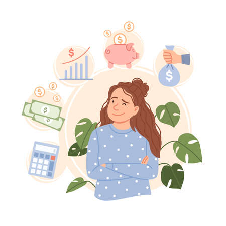 Salary increase concept. Finance control, income increment wages rise. Flat young business woman character dreams about pay money revenue earning profit growth Cartoon salary raise vector illustrationのイラスト素材