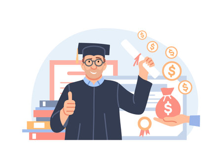 Investment in education concept. Study cash, tuition fees or budget, student grant. Cartoon graduate in graduation cap with diploma and money for college. Scholarship cost or loan vector illustration.のイラスト素材