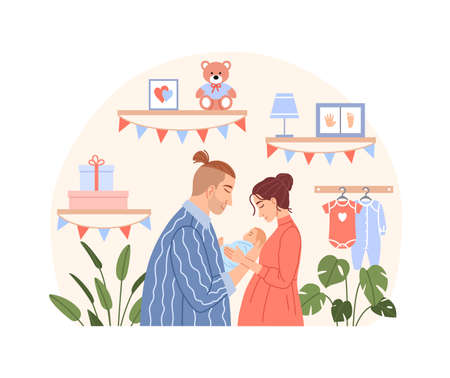 Happy family with newborn baby concept. Flat young couple mother father hug cute sleeping child son or daughter character on baby room background. Cartoon parents dad mom with kid vector illustration.のイラスト素材