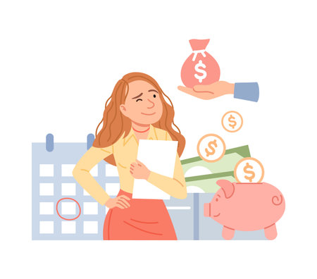 Salary increase concept. Financial income growth, cash payment, accounting service, tax pay, payroll. Cartoon woman calculates profit. Money management, budget planning, piggy bank vector illustrationのイラスト素材