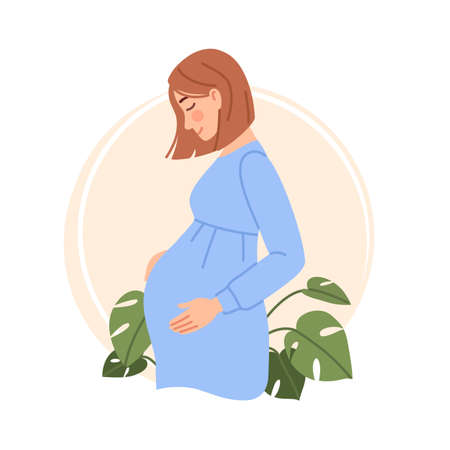Pregnant woman portrait isolated on white. Flat happy smiling young girl expecting a baby hold pregnant belly. Pregnancy concept. Poster banner character design. Cartoon maternity vector illustration.のイラスト素材