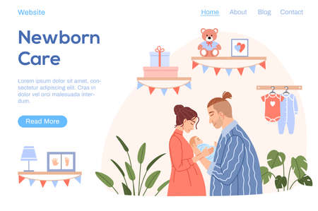 Happy family with newborn baby landing page. Flat young couple mother father hug cute sleeping child character on baby room background. Cartoon parents with kid website template vector illustration.のイラスト素材