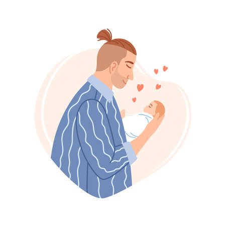 Father and his newborn sleeping son baby boy on heart shaped background. Happy Fathers day design element. Flat happy dad with cute infant. Parent man and child cartoon family vector line illustrationのイラスト素材