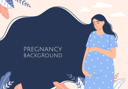 Pregnant woman with long dark hair background. Flat happy smiling young mother expecting a baby. Prenatal care. Pregnancy concept. Motherhood banner design. Cartoon child birth vector illustration.のイラスト素材