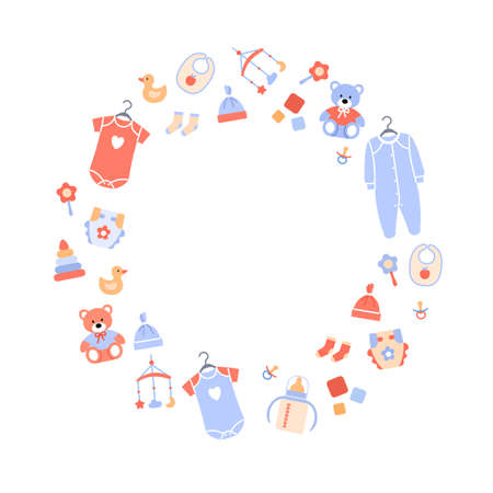 Baby background. Flat color circle frame with cute children toys. Design element for baby shower card decoration, invitation template with place for your text. Cartoon child border vector illustrationのイラスト素材