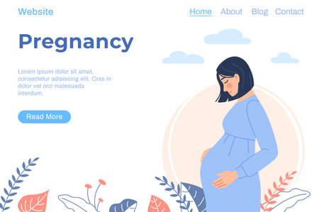 Pregnancy health landing page. Flat pregnant woman wearing maternity clothes on white floral outdoor background. Young lady expecting a baby hold pregnant belly. Cartoon motherhood vector illustrationのイラスト素材