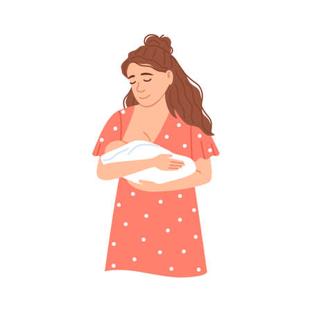 Flat female character with little suckling baby bonding isolated portrait. Breastfeeding mother and newborn sleeping child Infant healthy eating Cartoon natural dairy nutrient food vector illustrationのイラスト素材