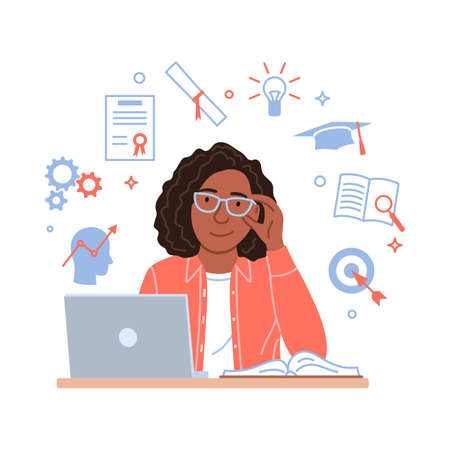Skills development concept. Flat black woman works on laptop on motivation learning education progress background. Successful African girl portrait. Idea goal symbols Growth career vector illustrationのイラスト素材