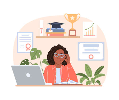 Successful smiling black woman portrait with laptop diploma trophy, graduation cap. Flat happy young African girl works on notebook in office. Professional career education concept vector illustrationのイラスト素材