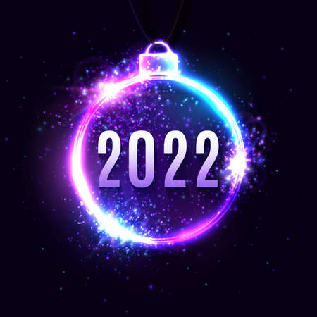 New Year 2022 neon glowing decoration on dark blue night club background. Color circle bright frame neon celebrating text. Banner, flyer calendar invitation element design. Holiday vector illustrationのイラスト素材