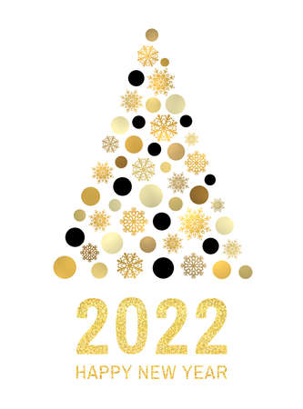 Happy new year 2022. Gold glitter greeting card design on white background. Abstract Christmas tree with golden black circles snowflakes on white background. Poster, banner vector holiday decoration.のイラスト素材