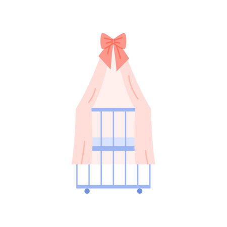 Crib isolated icon. Flat blue baby crib with pink canopy design. Newborn care color vector illustration.のイラスト素材