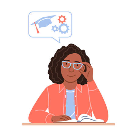 Successful cartoon black woman portrait isolated on white background. Young smiling African student studying and thinking. Education knowledge concept. Flat Afro person read books vector illustration.のイラスト素材