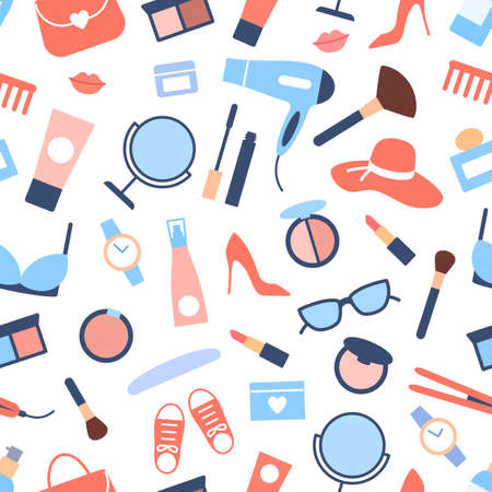 Women accessories seamless pattern. Color beautiful fashion objects lipstick shoes clothing cosmetics glasses background wrapping paper wallpaper fabric design. Top view. Flat vector illustrationのイラスト素材