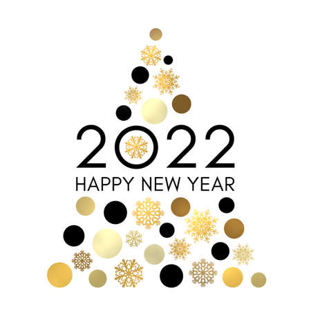 Happy New Year 2022 greeting card design. Abstract Christmas tree with gold and black circles snowflakes isolated on white background. Shining New Year postcard invitation. Golden vector illustration.のイラスト素材
