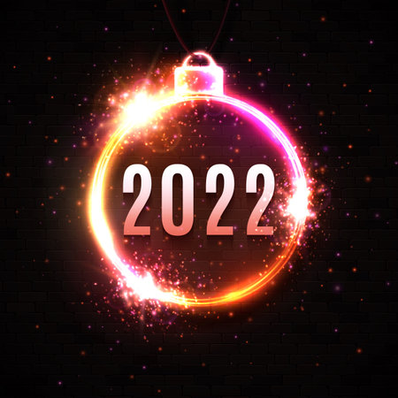 New Year neon sign on dark red background. 2022 glowing text in Christmas ball electric led lamp frame with light sparkles. Celebration party, holiday greeting card design. Bright vector illustration.のイラスト素材