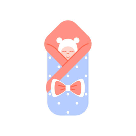 Sleeping baby flat icon isolated on white background. Cute little newborn infant in blanket with bow. Decoration for birthday card, baby shower design. Blue and pink pastel color vector illustration.のイラスト素材