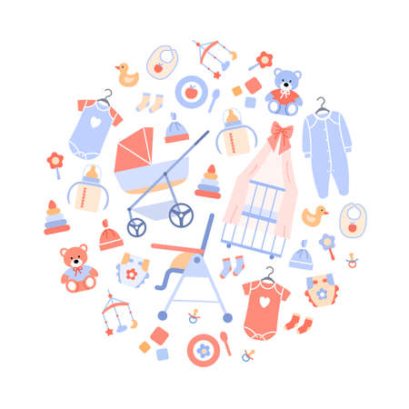 Baby shower flat set circle concept. Newborn accessories isolated on white background. Pastel decoration for invitation card, baby store shop. Infant icons collection. Minimal vector illustration.のイラスト素材