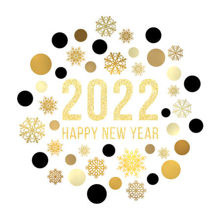 Happy New Year 2022 circle concept. Gold and black snowflakes on white background. Golden Christmas greeting card design with gold baubles glitter celebrating text. Winter holiday vector illustration.の写真素材