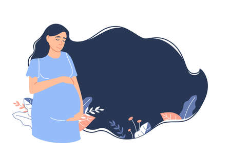 Flat pregnancy background. Young Caucasian smiling pregnant woman with long dark hair holding belly. Parenthood floral banner with blank space for text. Healthy pregnancy cartoon vector illustration.のイラスト素材