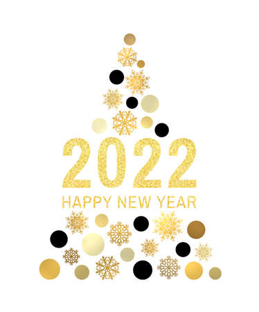 Happy New Year 2022 gold glittering greeting card on white background. Vintage abstract banner with tree circles snowflakes. Christmas holiday celebration decoration design. Golden vector illustrationのイラスト素材