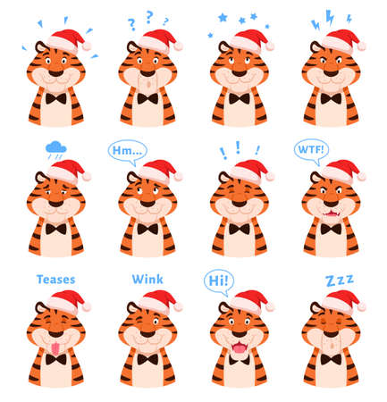 Cartoon cute tigers portraits set with facial expressions. Happy striped Zodiac symbol of New Year 2022 isolated on white background. Animal head in Santa hat with emotion holiday vector illustration.のイラスト素材