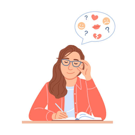 Beautiful young woman holding pen in hand writes diary or journal sits at table. Flat pretty girl portrait on white background. Cute lady in glasses makes notes in notebook Cartoon vector illustrationのイラスト素材