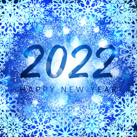 Happy New Year 2022 banner on blue glittering snowflakes background. Greeting card design. Glowing abstract particles light flash stars for New Year celebration. Holiday decoration vector illustrationのイラスト素材