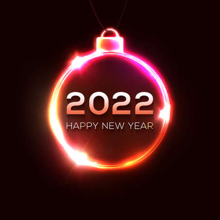 Happy New Year 2022. Glowing neon light greeting card. Xmas decoration with star, sparkle. Electric celebration circle ball with text. Festive New Year 2022 party sign. Vector holiday illustration.のイラスト素材
