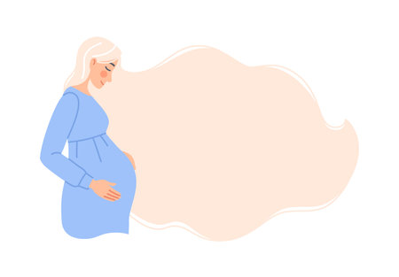 Caucasian expectant woman touching her pregnant belly. Beautiful smiling mother with long hair. Female parent waiting for baby birth. Happy pregnancy background. Flat character vector illustration.のイラスト素材