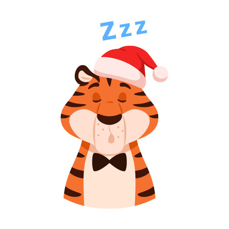Napping funny tiger in Santa hat portrait isolated on white background. Adorable sleeping cartoon striped color character. Cute Chinese New Year symbol face. Christmas holiday flat vector illustrationのイラスト素材