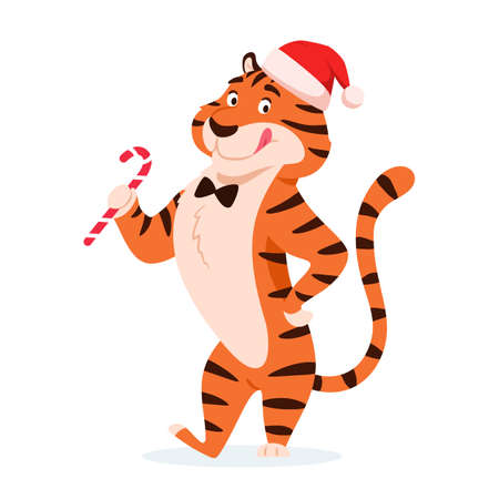 Cartoon happy tiger in Santa hat with Christmas candy cane isolated on white background. Cute licking wild cat. Chinese symbol of New Year 2022. Holiday standing striped character vector illustration.のイラスト素材