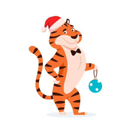 Flat adorable tiger in Santa hat with Christmas tree decoration isolated on white background. Cute happy wild cat. New Year 2022 Chinese symbol. Holiday standing striped character vector illustration.のイラスト素材