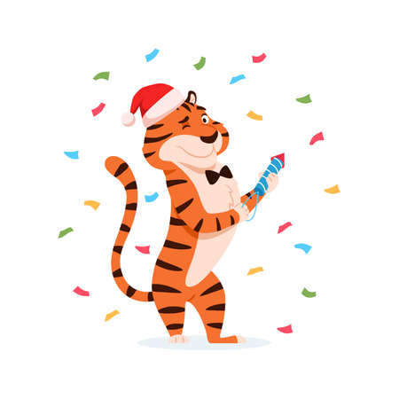 Happy cute tiger in Santa hat with firework cracker, color confetti isolated on white background. Chinese New Year 2022 symbol with firecracker. Holiday standing striped character vector illustration.のイラスト素材
