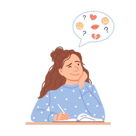 Flat young girl writes journal or creative drawing. Cute thoughtful female teenager making notes into her diary. Woman diary concept design. Thinking cartoon person portrait vector illustrationのイラスト素材