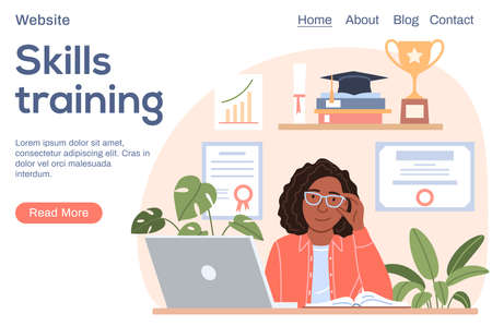Skills training concept. Successful smiling black woman portrait with laptop diploma trophy, graduation cap. Flat happy young African girl works on notebook in office. Landing page vector illustrationのイラスト素材
