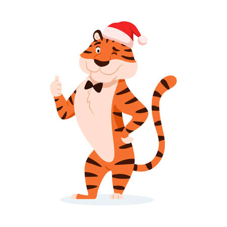 Cute cartoon tiger in Santa hat with ok hand gesture isolated on white background. Adorable winking holiday orange striped wildcat. Smiling Chinese New Year 2022 symbol. Animal vector illustration.のイラスト素材