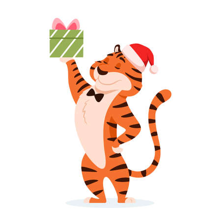Cute cartoon tiger in Santa hat with Christmas present isolated on white background. Adorable happy holiday orange striped wildcat. Smiling Chinese New Year 2022 symbol. Animal vector illustration.のイラスト素材