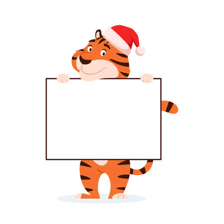 Cute cartoon tiger in Santa hat with banner, blank text space isolated on white background. Adorable happy holiday striped wildcat. Smiling Chinese New Year 2022 symbol. Animal vector illustration.のイラスト素材