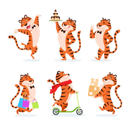 Cartoon tigers set. Holiday characters for New Year adorable flat symbol. Smiling orange striped wildcat with cake, shopping bag, parcel, ok hand gesture, kick scooter. Xmas animal vector illustrationのイラスト素材