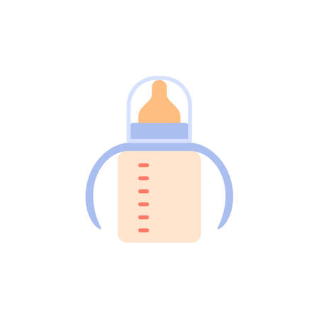 Baby milk bottle flat icon isolated on white background. Color babycare object with nipple. Newborn care vector illustration.のイラスト素材