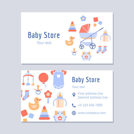Baby store business card design template. Color flat creative identity on white background. Kids clothing, toy, apparel, furniture, accessories. Contact, mobile phone, web layout vector illustration.のイラスト素材