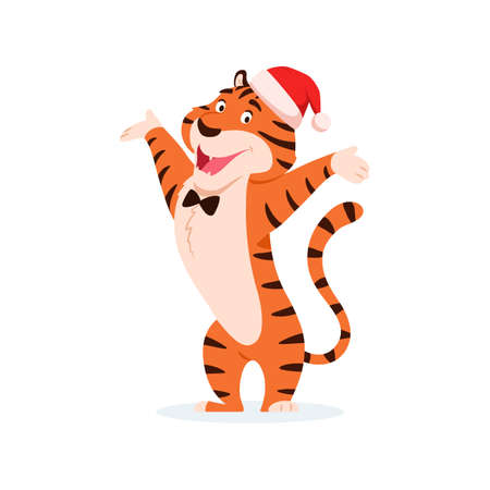 Flat adorable tiger in Santa hat isolated on white background. Cute happy joyful wild cat. New Year 2022 Chinese symbol. Holiday standing striped cheerful character vector illustration.のイラスト素材