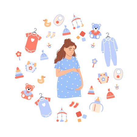 Happy pregnant woman portrait on baby background. Flat Caucasian expectant holds belly in cartoon circle frame with cute kids clothing toys accessories. Maternity concept vector illustration.のイラスト素材