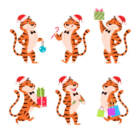 Cartoon tigers in Santa hat set. Holiday standing characters for New Year 2022. Smiling orange striped wild cat with present, Christmas cracker, candy cane, decoration. Xmas animal vector illustrationのイラスト素材