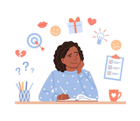 Happy black teenage girl writes diary concept. Young flat sitting afro girl portrait plans in organizer, draws creative pages or journal, writes plan, aims, ideas, notes. Cartoon vector illustration.のイラスト素材