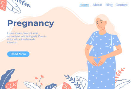 Pregnancy landing page. Flat pregnant woman with heart sign on belly on white floral outdoor background website template. Smiling lady expectant a baby hold belly. Cartoon maternal vector illustrationのイラスト素材