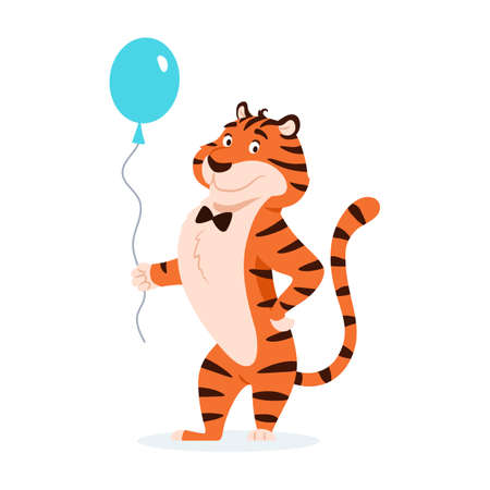 Cartoon adorable smiling tiger with blue balloon isolated on white background. Cute happy wild cat. New Year 2022 Chinese symbol. Holiday standing striped character vector illustration.のイラスト素材