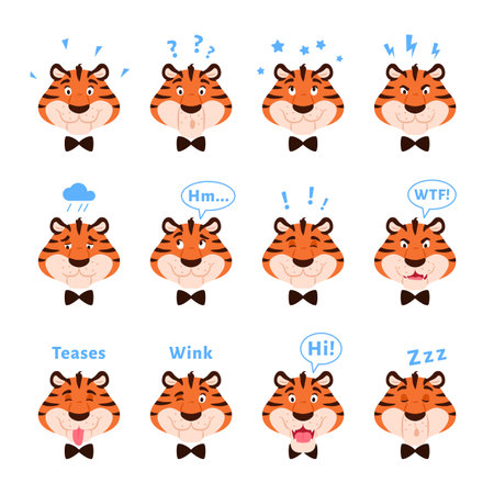 Cartoon cute tigers head collection with facial expressions. Happy striped emotional wild cats isolated on white background. Flat adorable animal portrait with emotion. Kids design vector illustrationのイラスト素材